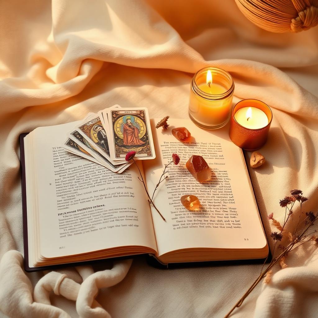 Warmes Licht, Journal, Tarotkarten und Kerzen