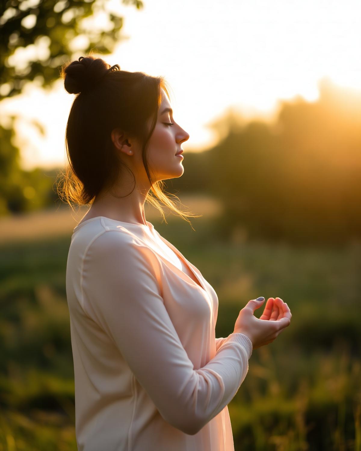 Meditierende Frau im warmen Sonnenaufgang