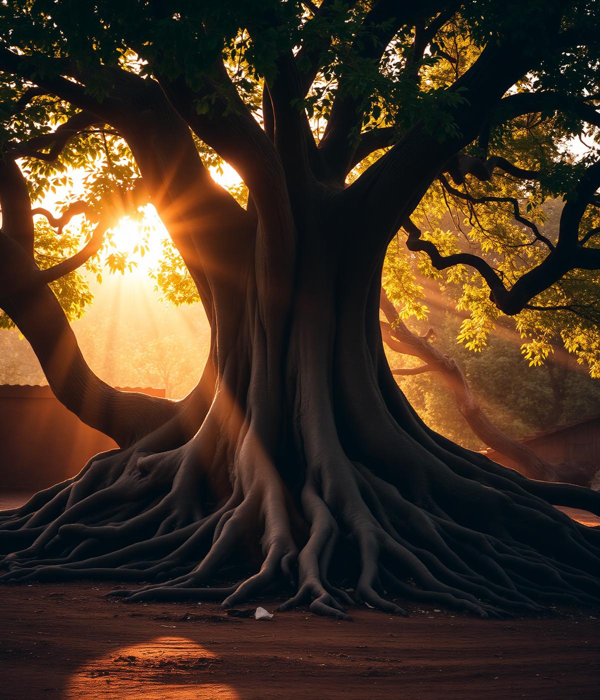 Alter Baum mit weit verzweigten Wurzeln im goldenen Licht